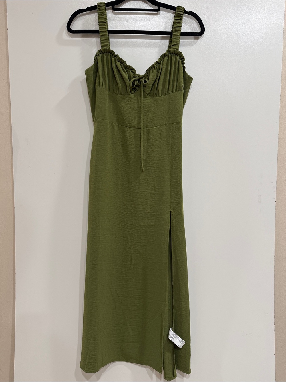 Forever 21 Olive Green Ruched Bust Midi Dress with Side Slit